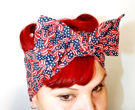 Vintage Inspired Head Scarf Patriotic Bows and Stars Red