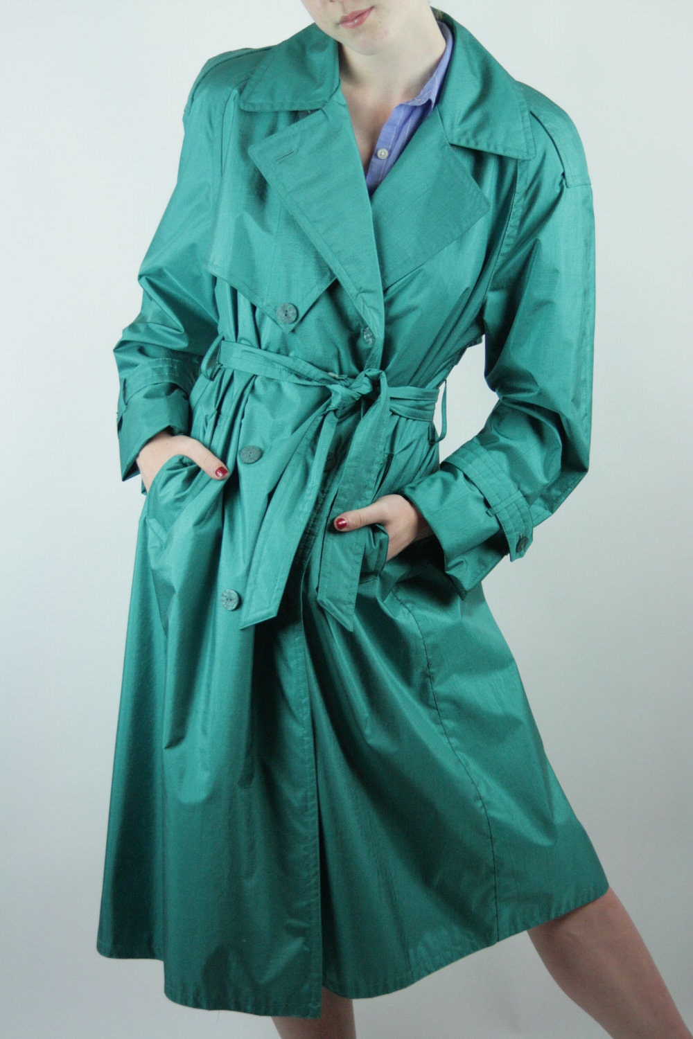 Vintage Trench Rain Coat London Towne Teal Green Long