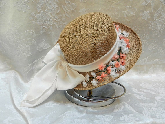 Straw Hat Easter Bonnet  is white scarf and peach and white flowers size S/M