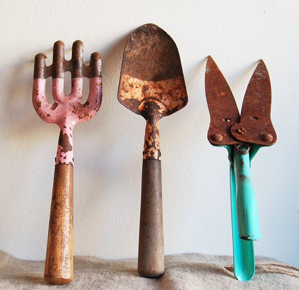 Trio of Colorful Vintage Garden Tools Instant Collection