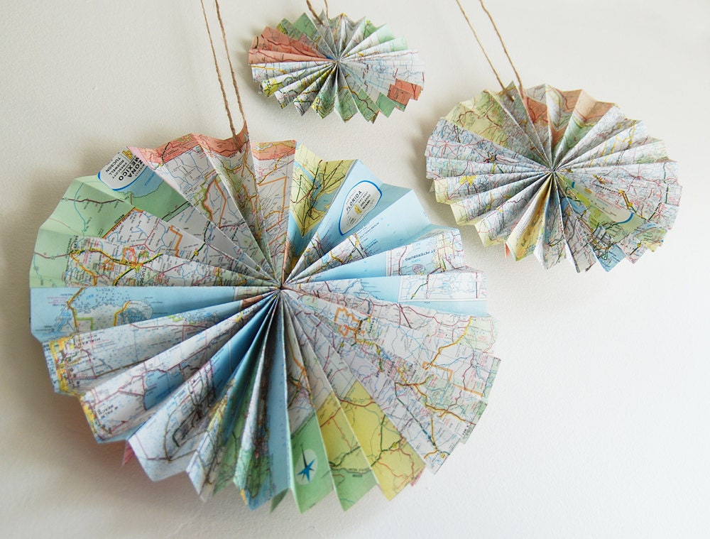 Upcycled Map Rosettes Set of 3 Wedding by GrannyPantyDesigns