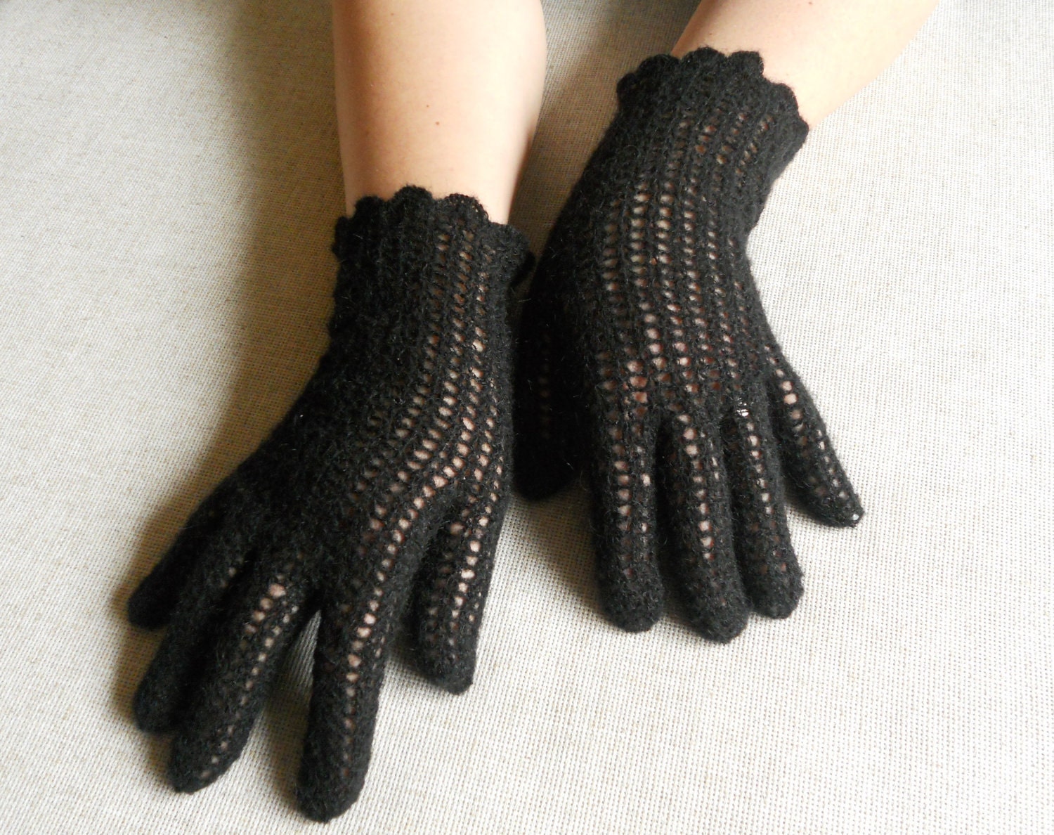 Black crochet gloves lace mohair women by chiffonart