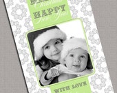 Modern Holiday Cards, Christmas Cards, Silver Snowflakes, Lime Green, Printable File (456) Il_170x135