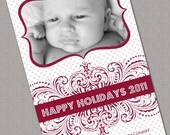 Custom Holiday Photo Cards, Christmas Cards, Red and White Fancy Scroll, Printable File (459) Il_170x135