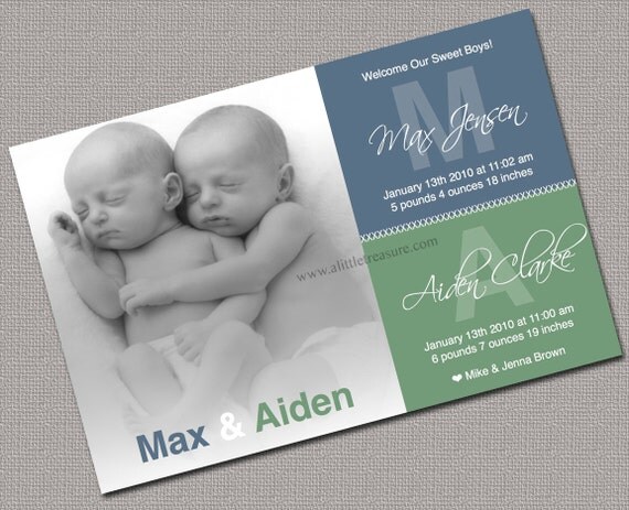 Twin Baby Announcement Photo Cards, Baby boys, girls, printable file (316) Il_570xn
