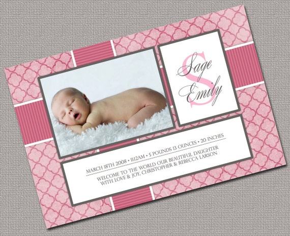 Printable Baby Girl Birth Announcement Photo Cards, Newborn, Pink and White with initial, Digital File (221) Il_570xn