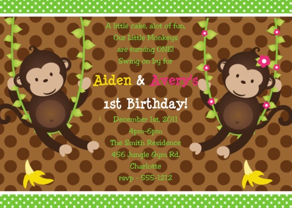 Twin Monkey Birthday Invitation Twins Siblings Monkeys Birthday Party Invitation Printable Printed Il_570xn
