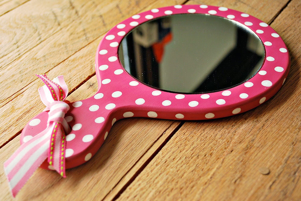 Wooden hand mirror Painted hand mirror Pink hand mirror with