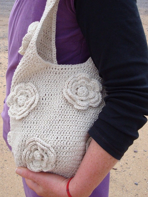 Shoulder Bag Crochet Natural Cotton with Flowers by SelkieCrochet
