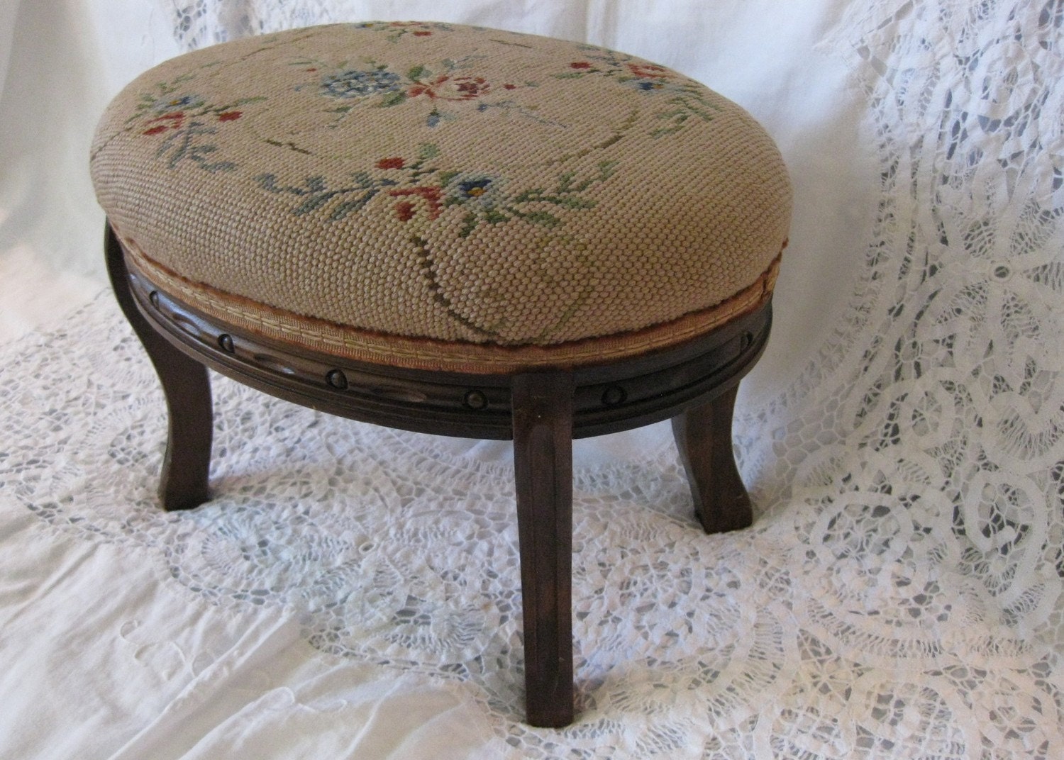Antique Needlepoint Footstool Roses and Violets by ParisianDreams