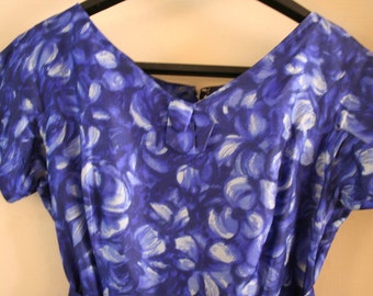 vintage 1950s blue silk watercolor day dress