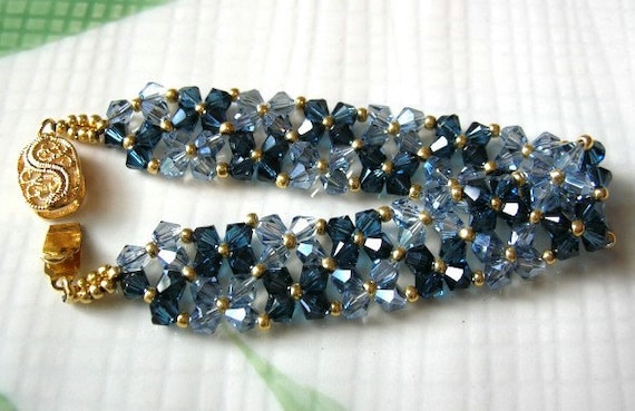 Blue Crystal Woven Bead Bracelet Swarovski by CraftySueShop