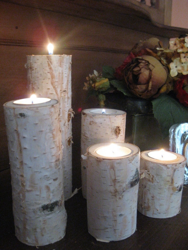 Large Birch Bark Log Tea Light Candle Holders Set of 5