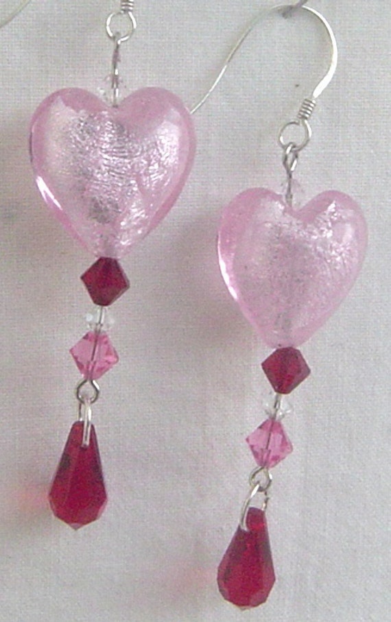 Items similar to Puffy Pink Heart Red Swarovski Crystal Sterling Silver ...