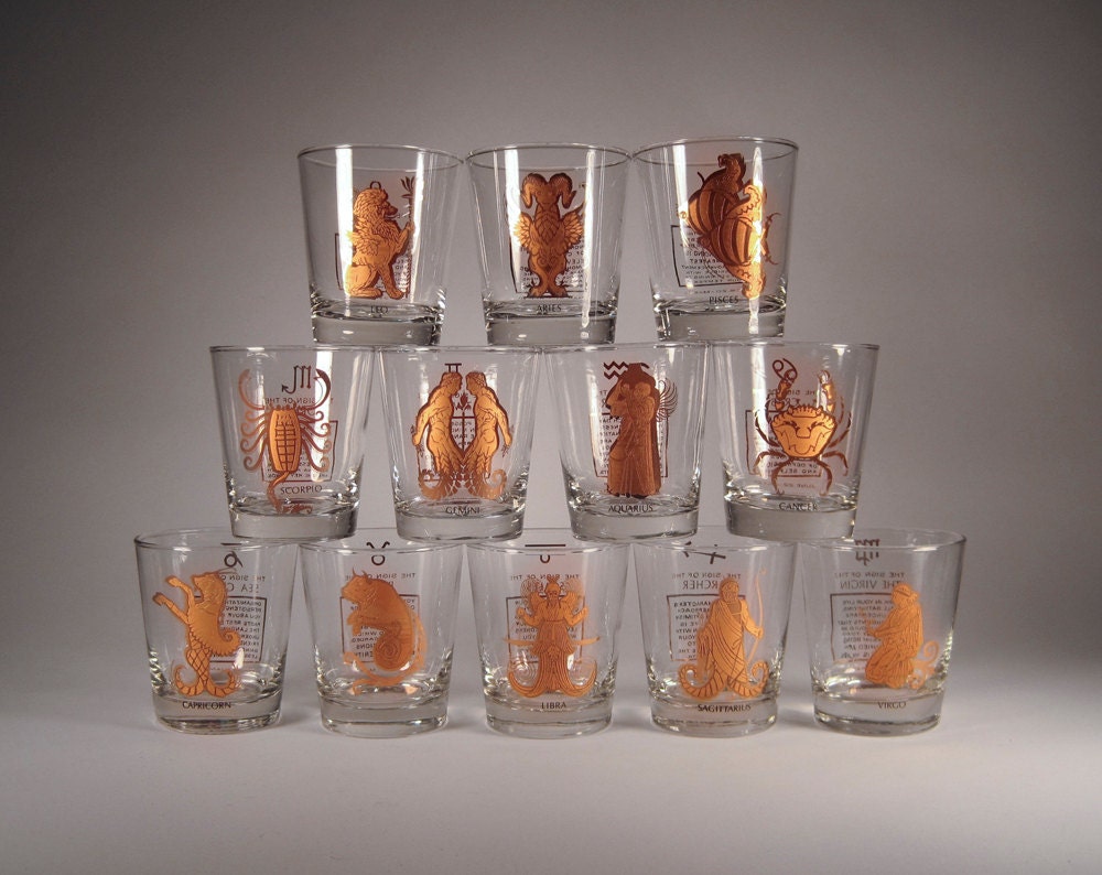 70s Vintage ZODIAC Glasses mint UNUSED GOLD complete set of 12