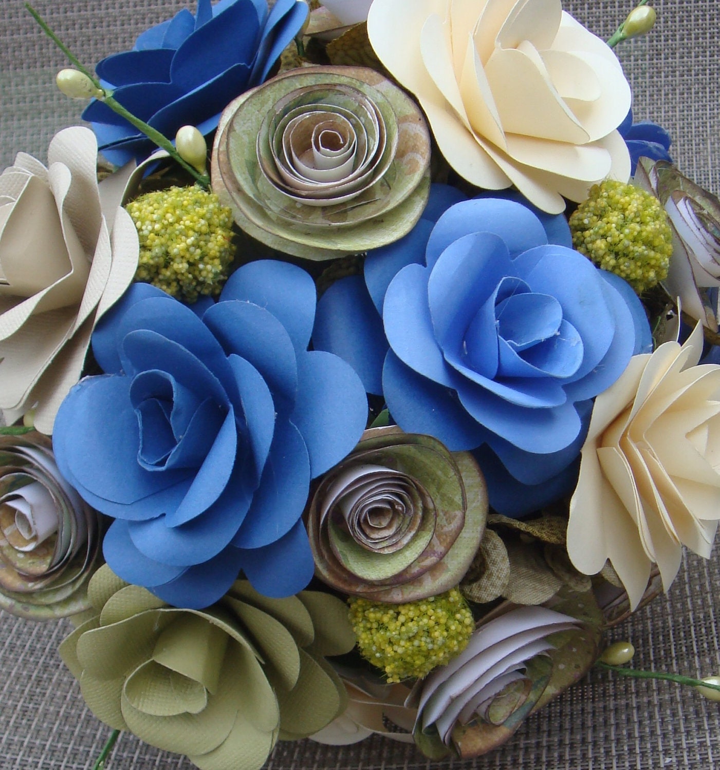 Paper Flower Wedding Bouquet In Blues Sage And Ivory With 3807