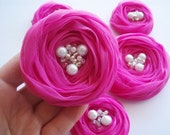 Hot Pink Chiffon Roses Handmade Appliques Embellishments(5 pcs)