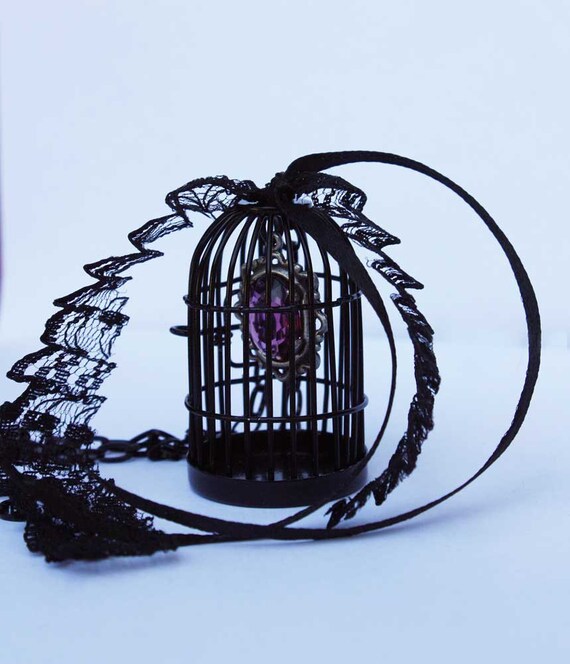 Bird cage locket black gothic pendant by pinkabsinthe on Etsy