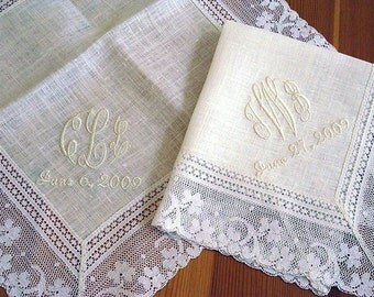 Wedding Handkerchief: Ivory Color Irish Linen Lace Handkerchief with 3-Initial Monogram and Date