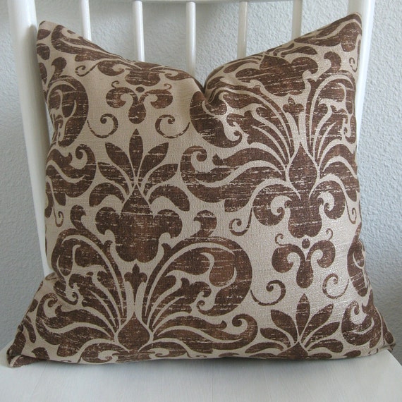 ONE new 18x18 beige brown damask pillow cover throw