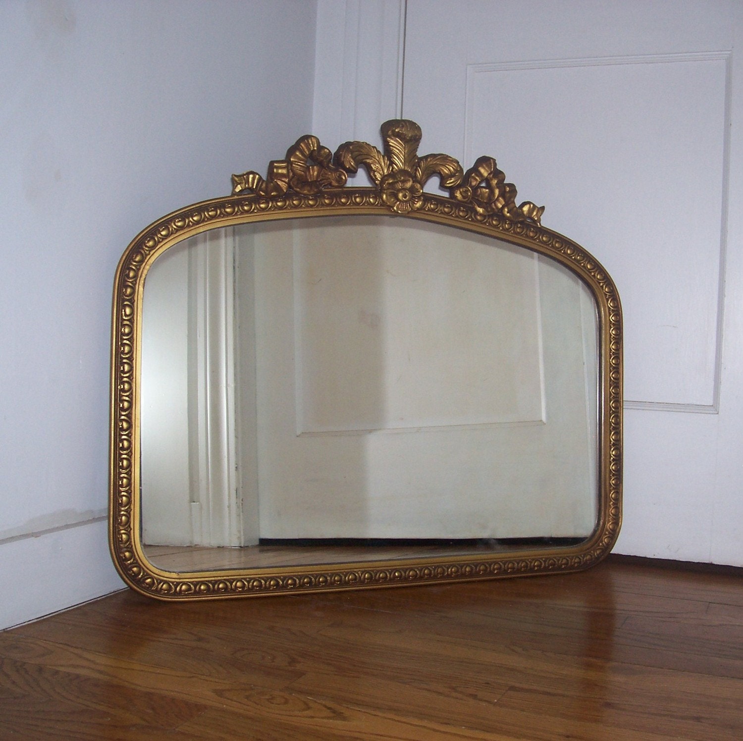 Vintage Gold Gilt Mirror Wood Frame with Gesso Flower Ribbon