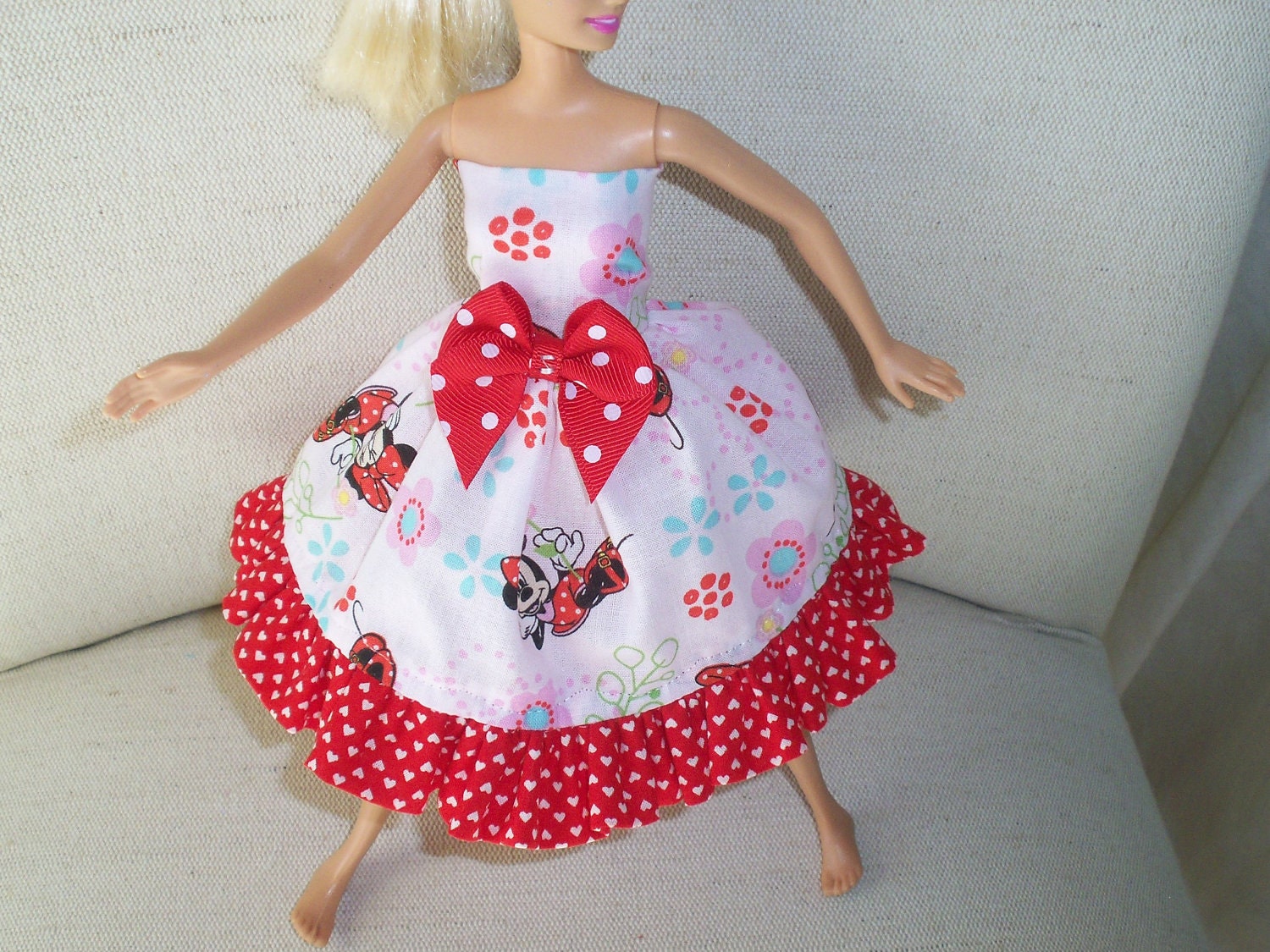 barbie doll dress minnie mouse pink red ruffle bow