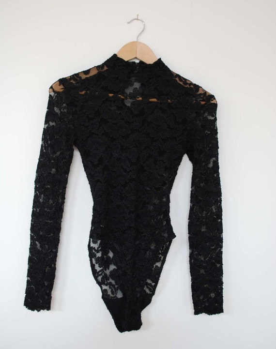 Black Lace High Neck Long Sleeve Bodysuit Leotard S