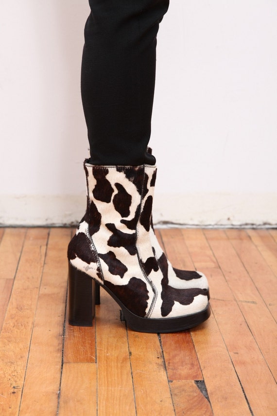 Cow Print PONY FUR Platform Ankle Boots 8