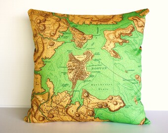 Cushion cover, map pillow, throw cushion BOSTON organic cotton, 16 x16 inch, decorative throw pillow