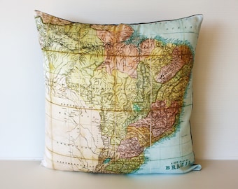 Decorative throw pillow map eco friendly BRAZIL map cushion, map pillow, cushion cover organic cotton, 16 inch/ 41cm