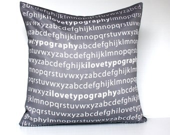 decorative pillow eco friendly I love typography in grey and white organic cotton cushion cover, pillow, 16", 41cms