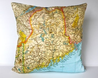 cushion cover pillow MAINE STATE vintage map organic cotton, 16 inch, 41cm
