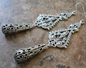 Victorian Style Antiqued Silver Filigree Dangle Earrings