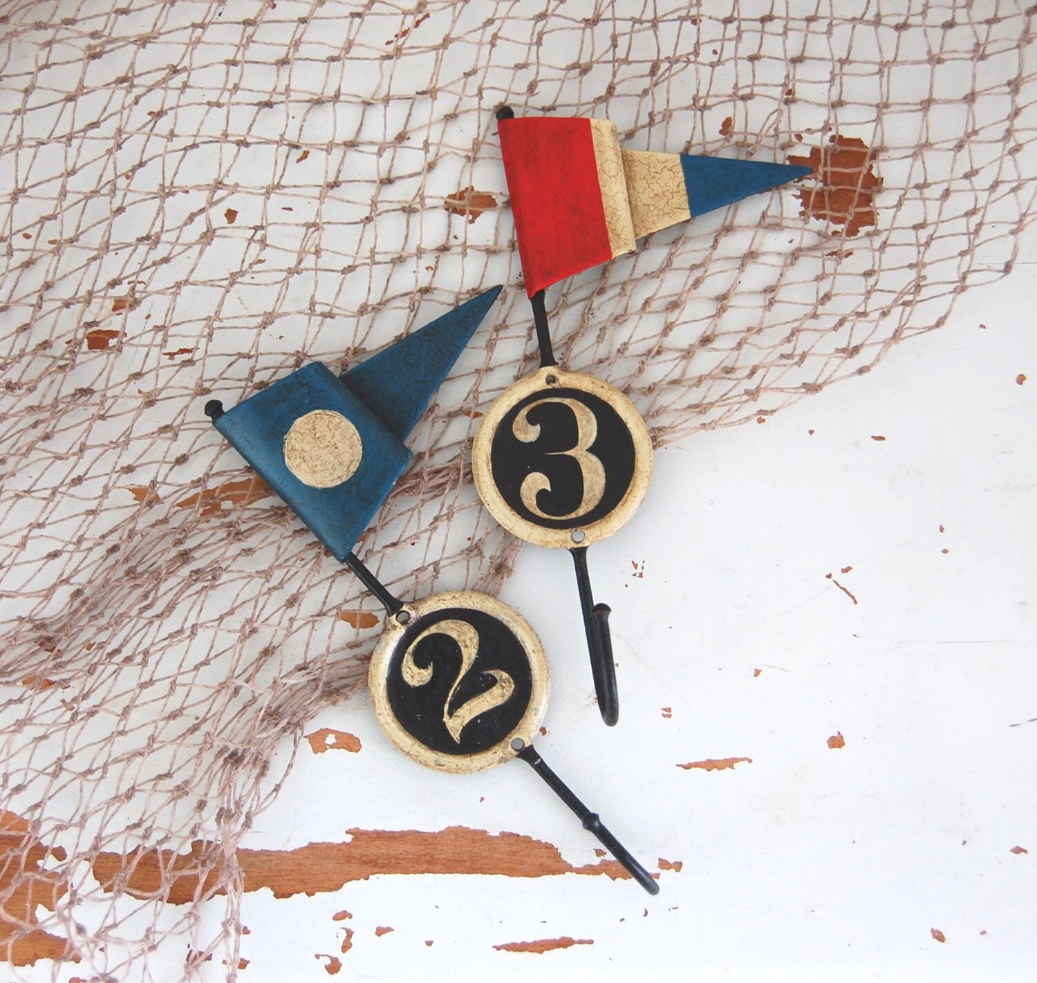 Vintage Metal Flag Hooks Nautical Sail boat Wall Hanging with