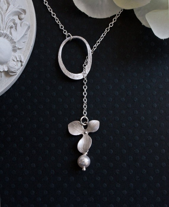 Items similar to Silver Hoop and Orchid Flower Lariat Necklace in Matte ...