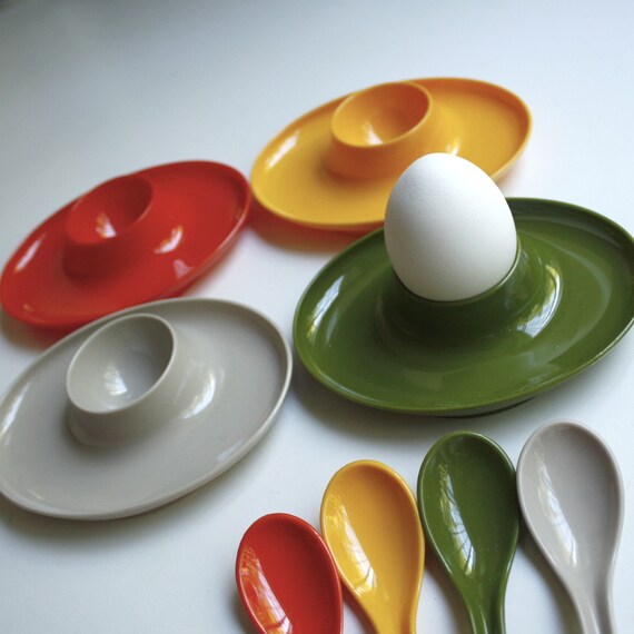 Vintage Plastic Egg Cups with Spoons Set of Four