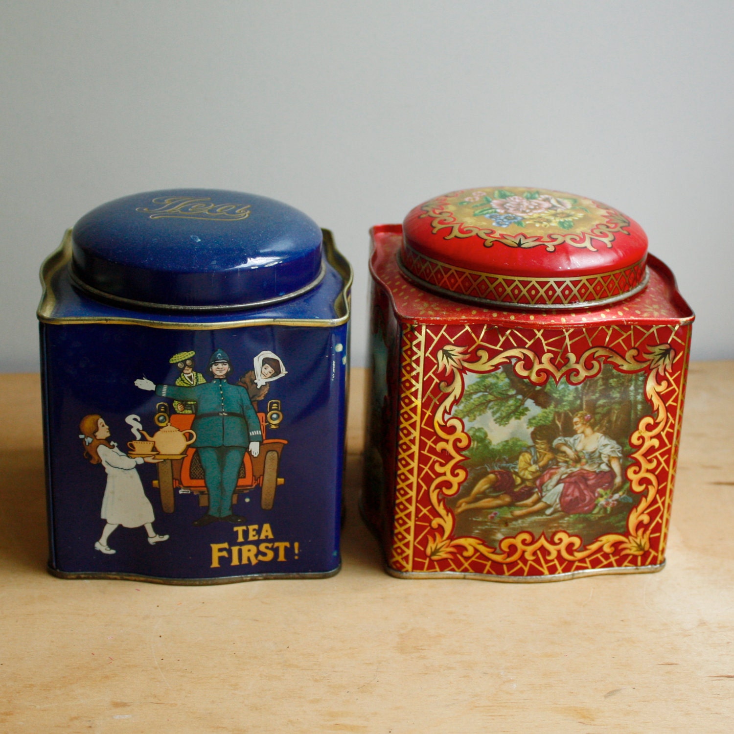  Vintage Tea Tins  Made in England Red Blue