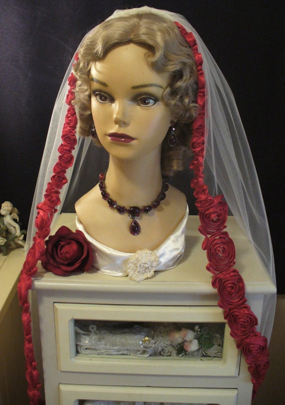 red and white wedding veil