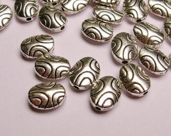 Silver color beads hypoallergenic- 40 pcs - round engraved oval silver beads - ZAS 27
