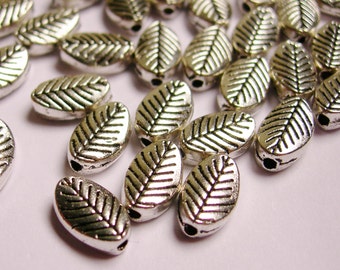 Silver color beads hypoallergenic- 80 pcs - engraved leaf silver beads- ZAS 46