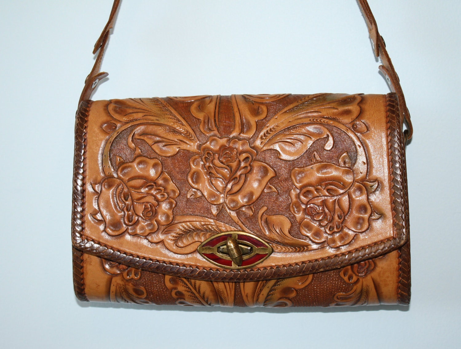 1950s Purse / Vintage Hand Tooled Roses Leather Purse Handbag