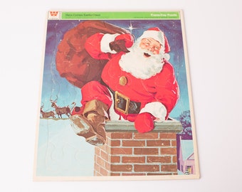 Vintage 70s Santa Claus Tray Puzzle, Jolly in Chimney