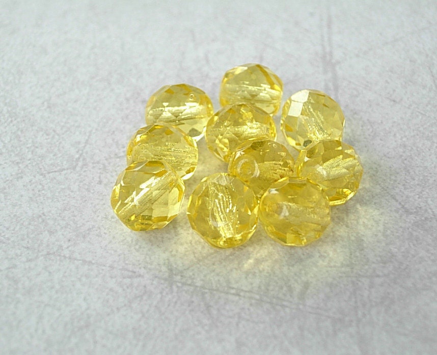 Vintage yellow 12mm Czech Glass Beads Faceted Round 10 beads