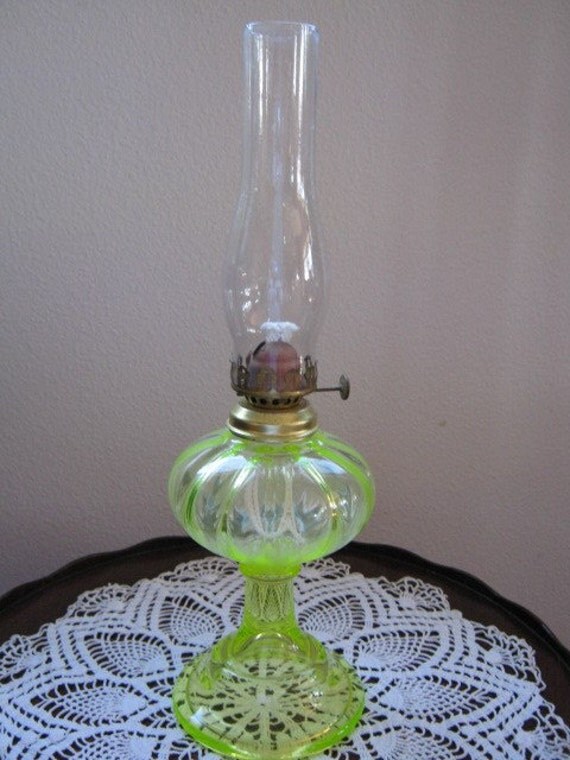 Vintage Beautiful Vaseline Glass Hurricane Oil Lamp Circa