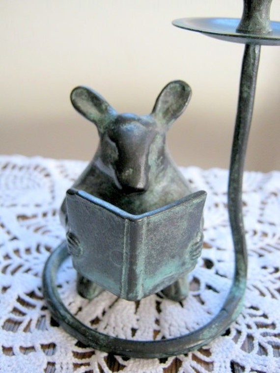 Vintage Solid Brass Green Mouse Candle Holder