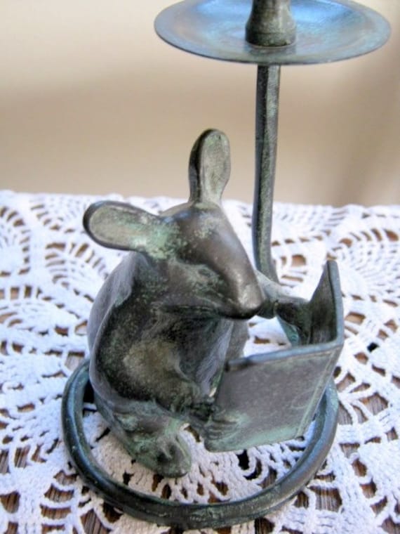 Vintage Solid Brass Green Mouse Candle Holder