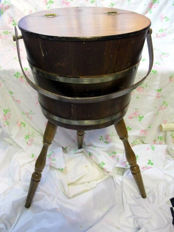 Vintage Sewing Bucket Barrel Basket on 3 Legs Wooden with
