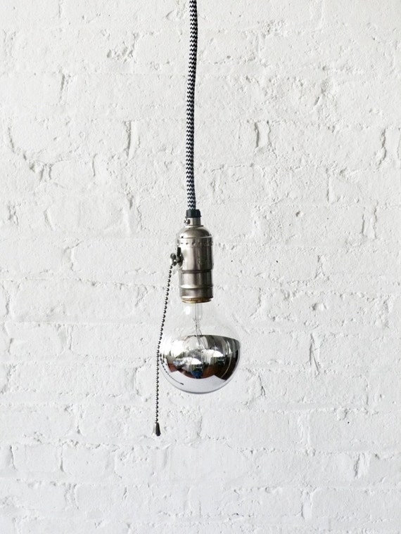 Black and White Pendant Light Cord w/ Large Silver Globe Bulb