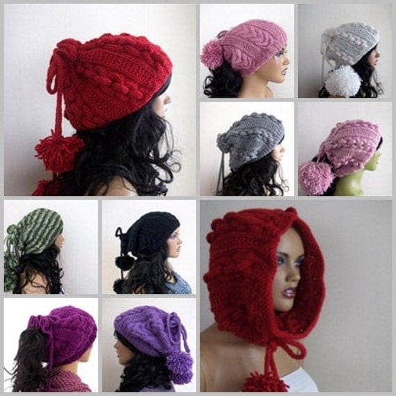 RED Knitting Hat or cowlscarf-Pon pon hat by myknittingworld