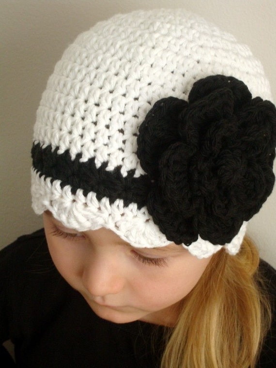 White and Black hand crocheted hat for girl Any sizes